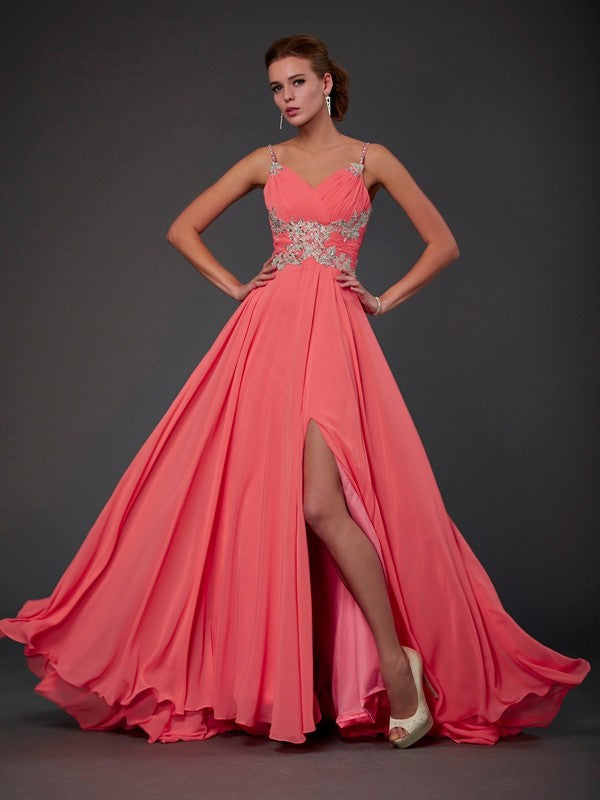 Wholesale A-Line/Princess Scoop Sleeveless Lace Sweep/Brush Train Chiffon Dresses